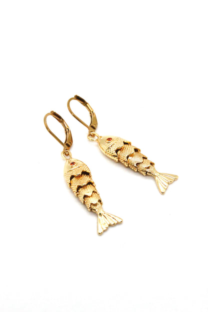 Medium Articulated Gold Fish Earrings - E4-267m