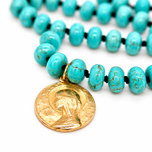 Load image into Gallery viewer, Turquoise Rondelle Bead Hand-knotted French Religious Medal Long Necklace - FMN17
