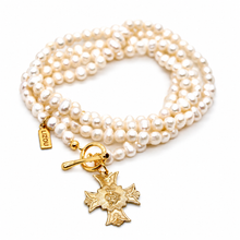 Load image into Gallery viewer, Mini Freshwater Pearl Cross French Religious Medal Long Necklace - FMN07
