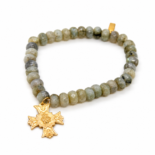 Stretch Labradorite Bracelet French Religious Medal - FMB09A