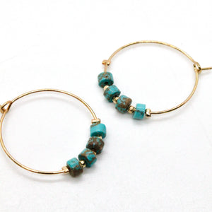 Natural Turquoise Gold Hoop Earrings E7-007G -Stone Collection-