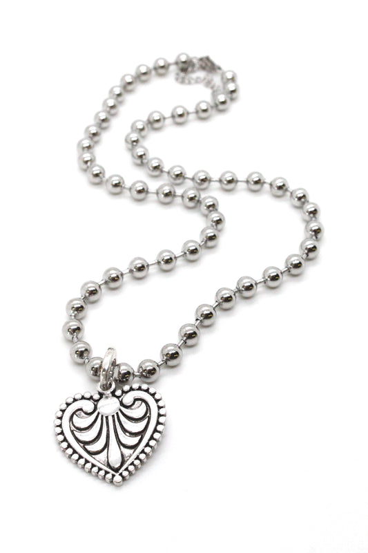 Single Silver Ball Chain Necklace with Small Heart Charm -The Classics Collection-