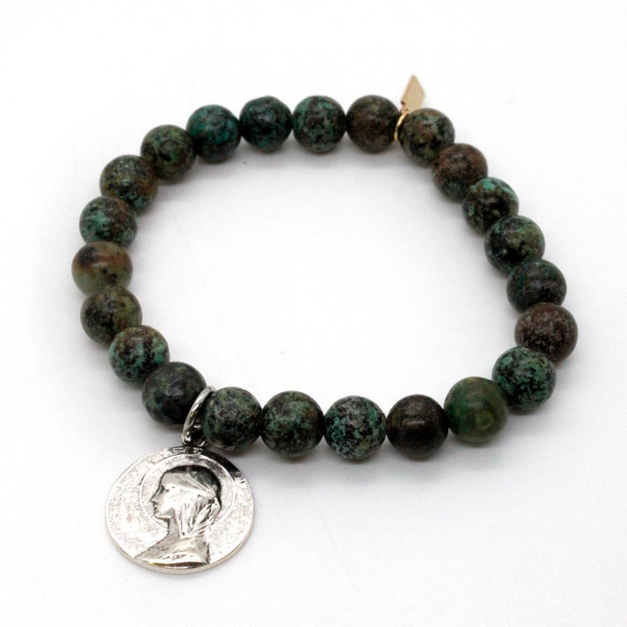 Stretch Semi Precious Stone Bracelet with Sterling Saint Charms -French Medals Collection-