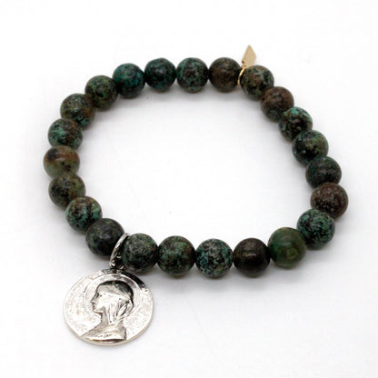 Stretch Semi Precious Stone Bracelet with Sterling Saint Charms -French Medals Collection-