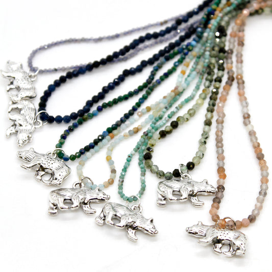 Silver Bear Mini Stone Gold Charm Necklace