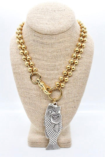 Large Fish Pendant Convertible Gold Chain Necklace