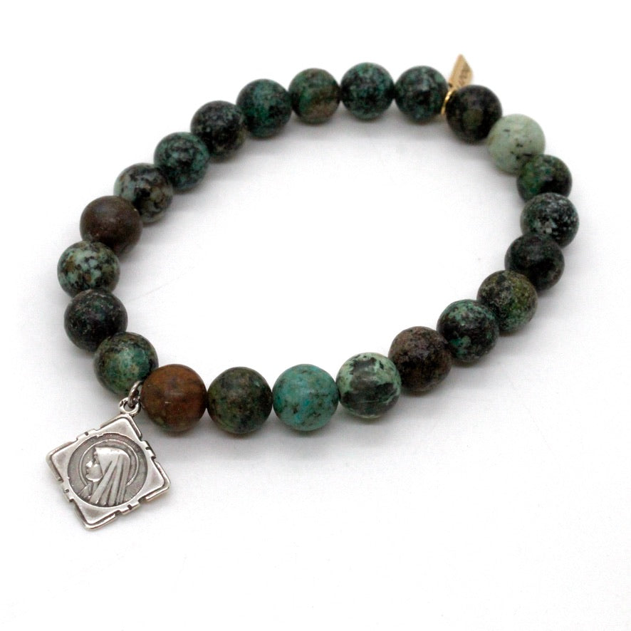 Stretch Semi Precious Stone Bracelet with Sterling Saint Charms -French Medals Collection-
