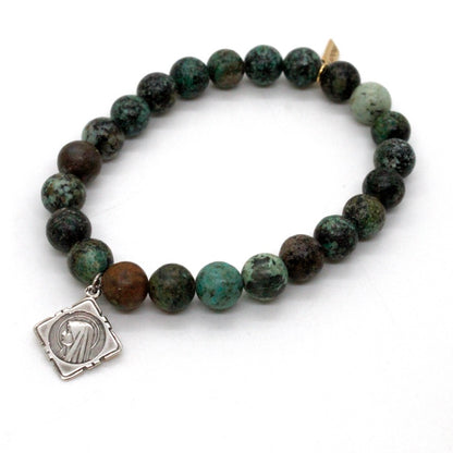 Stretch Semi Precious Stone Bracelet with Sterling Saint Charms -French Medals Collection-