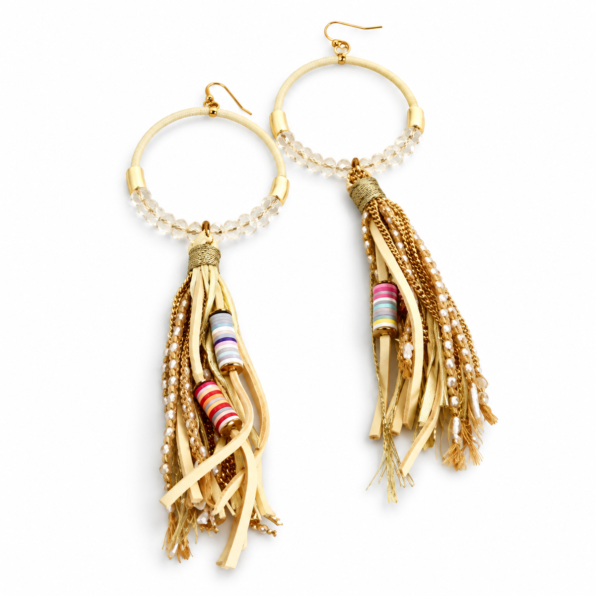 Crystal Beaded Hoop Earrings with Tassel - E001T-Cream