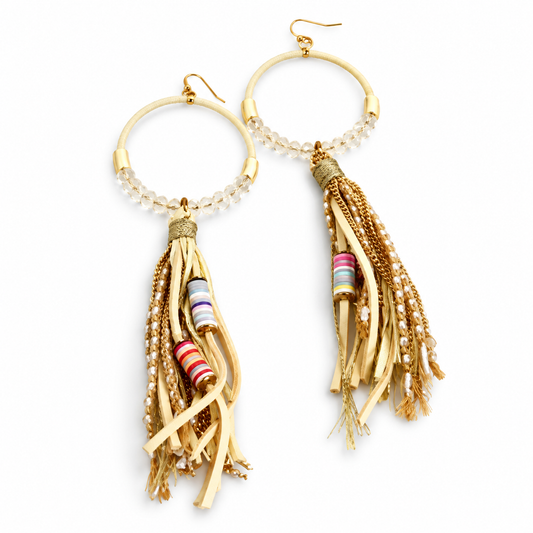 Crystal Beaded Hoop Earrings with Tassel - E001T-Cream