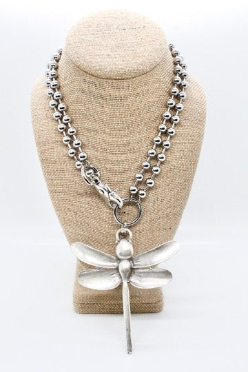 Large Dragonfly Pendant Convertible Silver Chain Necklace