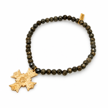 Load image into Gallery viewer, Stretch Faceted Pyrite Bracelet French Religious Medal- FMB21A
