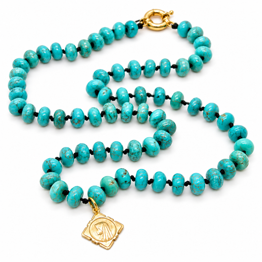 Turquoise Rondelle Bead Hand-knotted French Religious Medal Short Necklace - FMN16
