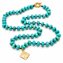 Load image into Gallery viewer, Turquoise Rondelle Bead Hand-knotted French Religious Medal Short Necklace - FMN16
