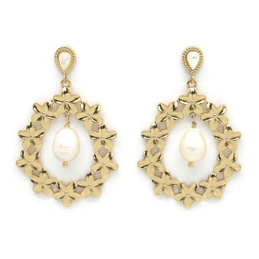 Freshwater Pearl and Gold Flowers Earrings - E4-212