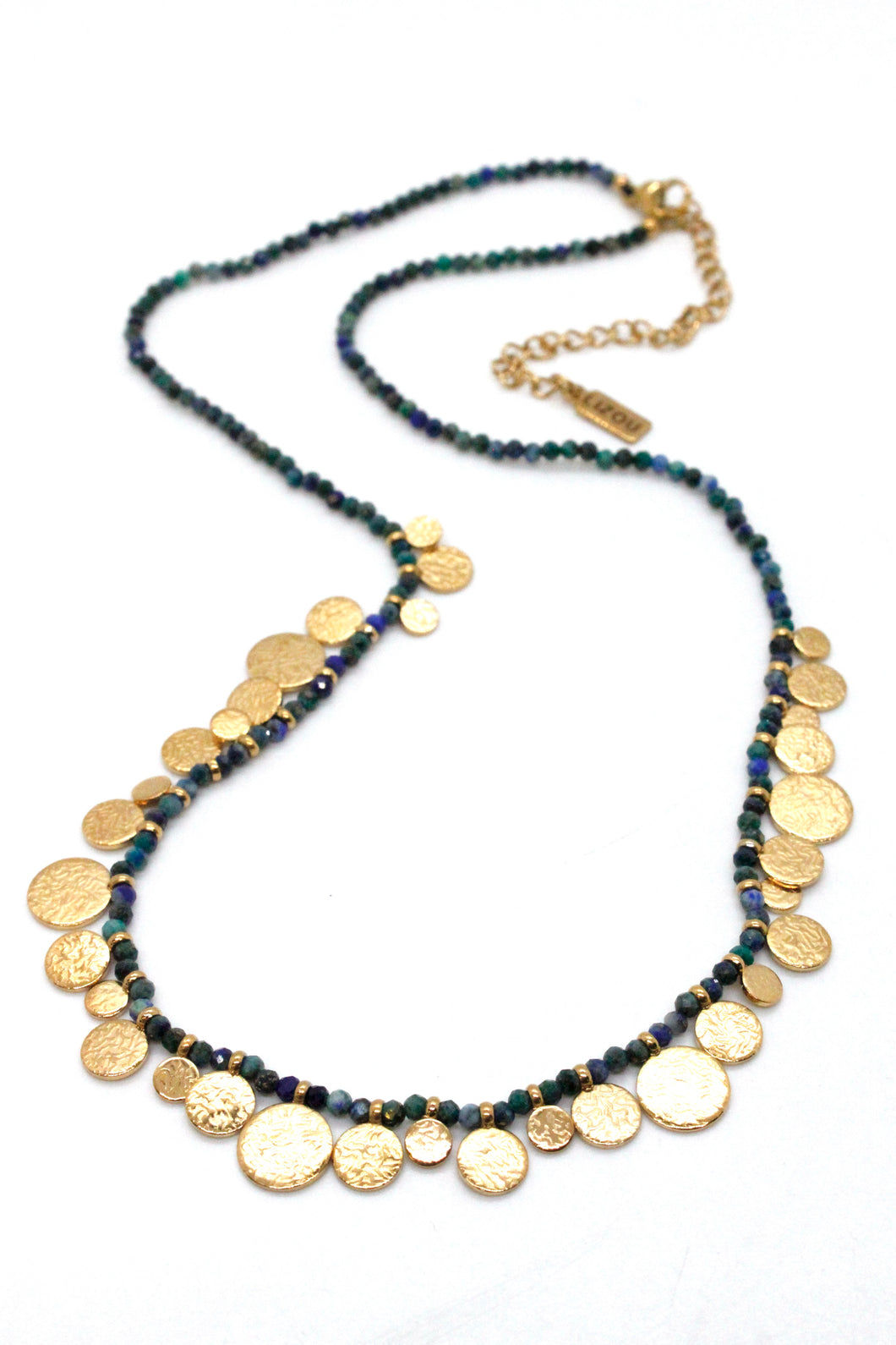 Short Mini Gold Disc Charm Azurite Necklace - N2-2612AZ