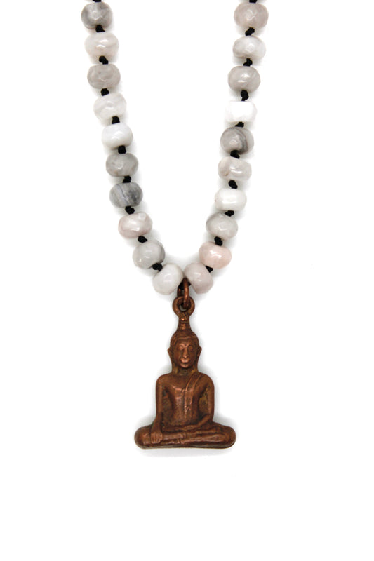 Copper Sitting Buddha on White Lace Agate Knotted Necklace