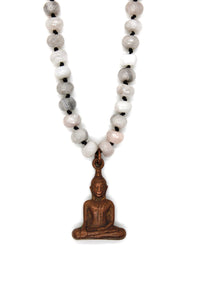 Copper Sitting Buddha on White Lace Agate Knotted Necklace