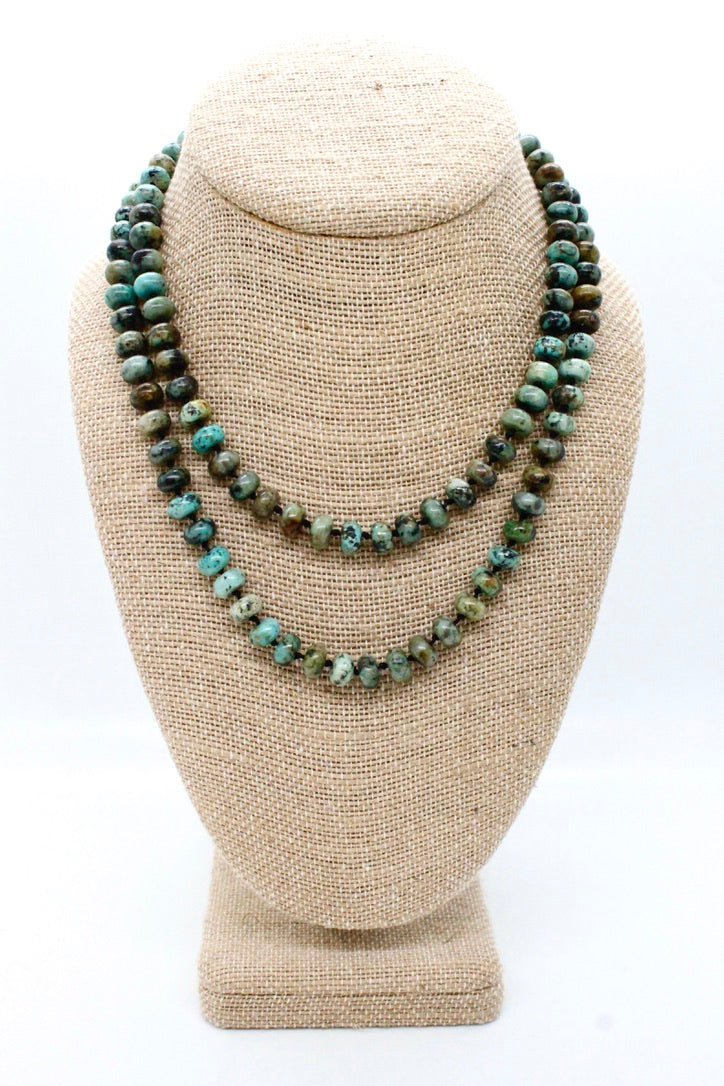 Hand-Knotted Long African Turquoise Rondelle Bead Necklace