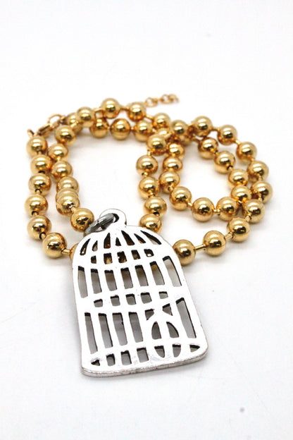 Single Gold Plate Ball Chain Necklace with Silver Bird Cage N2-S885g -The Classics Collection-