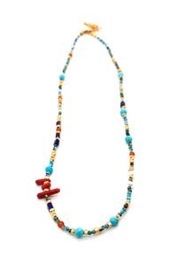 African Turquoise and Red Coral Stone Mix Necklace -French Flair Collection-