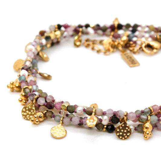 Tourmaline and Pearl Gold Mini Coin Wrap Necklace - N2-2616B