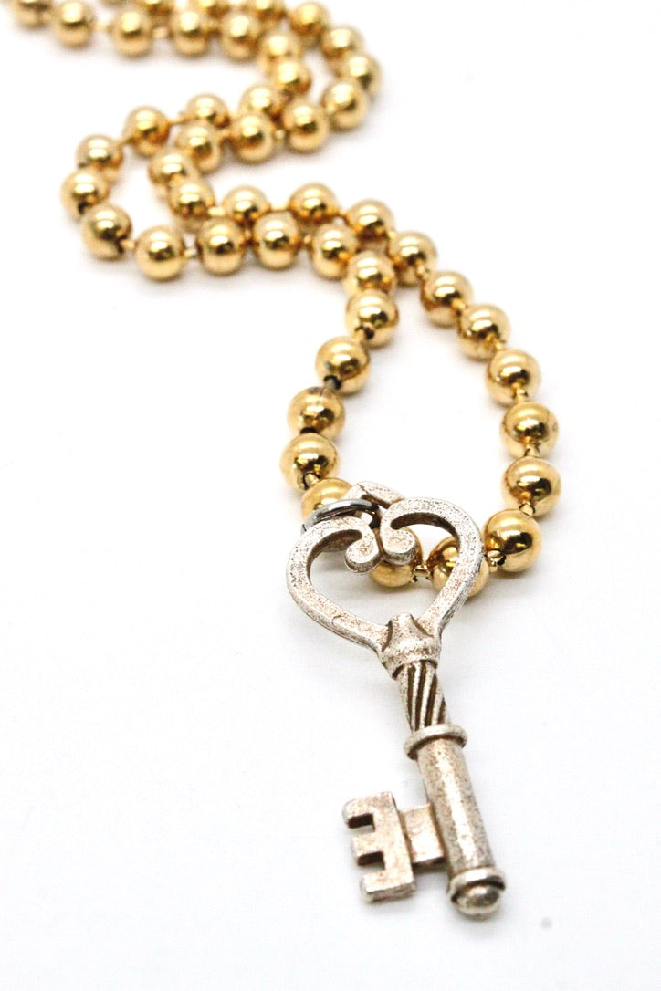 Single Gold Plate Ball Chain Necklace with Silver Key N2-S1008g -The Classics Collection-