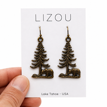 Load image into Gallery viewer, Antique Brass Bear and Tree Earrings - E9-118

