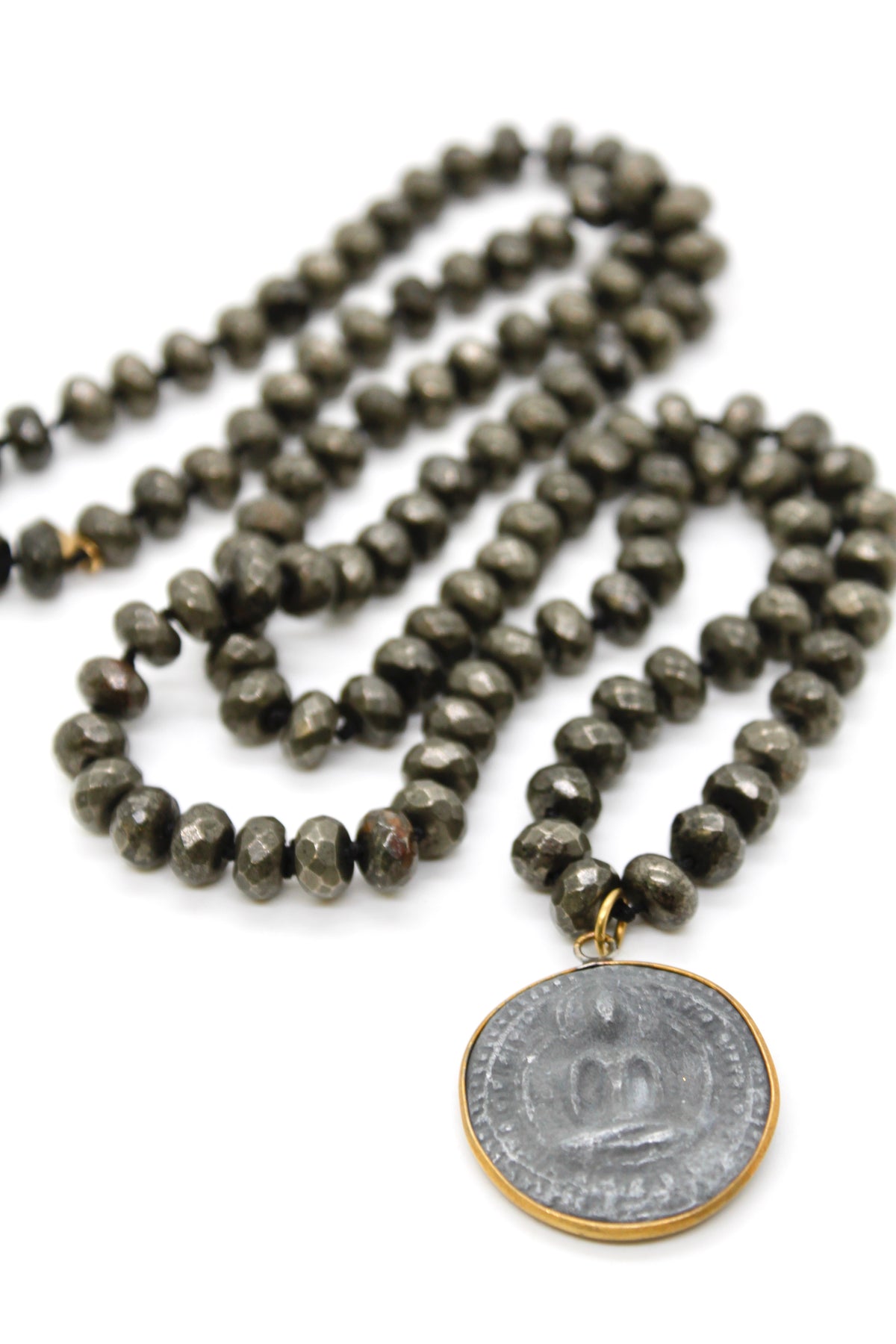 Patina Carved Sitting Buddha 18K Gold Charm Pendant on Stone Knotted Necklace