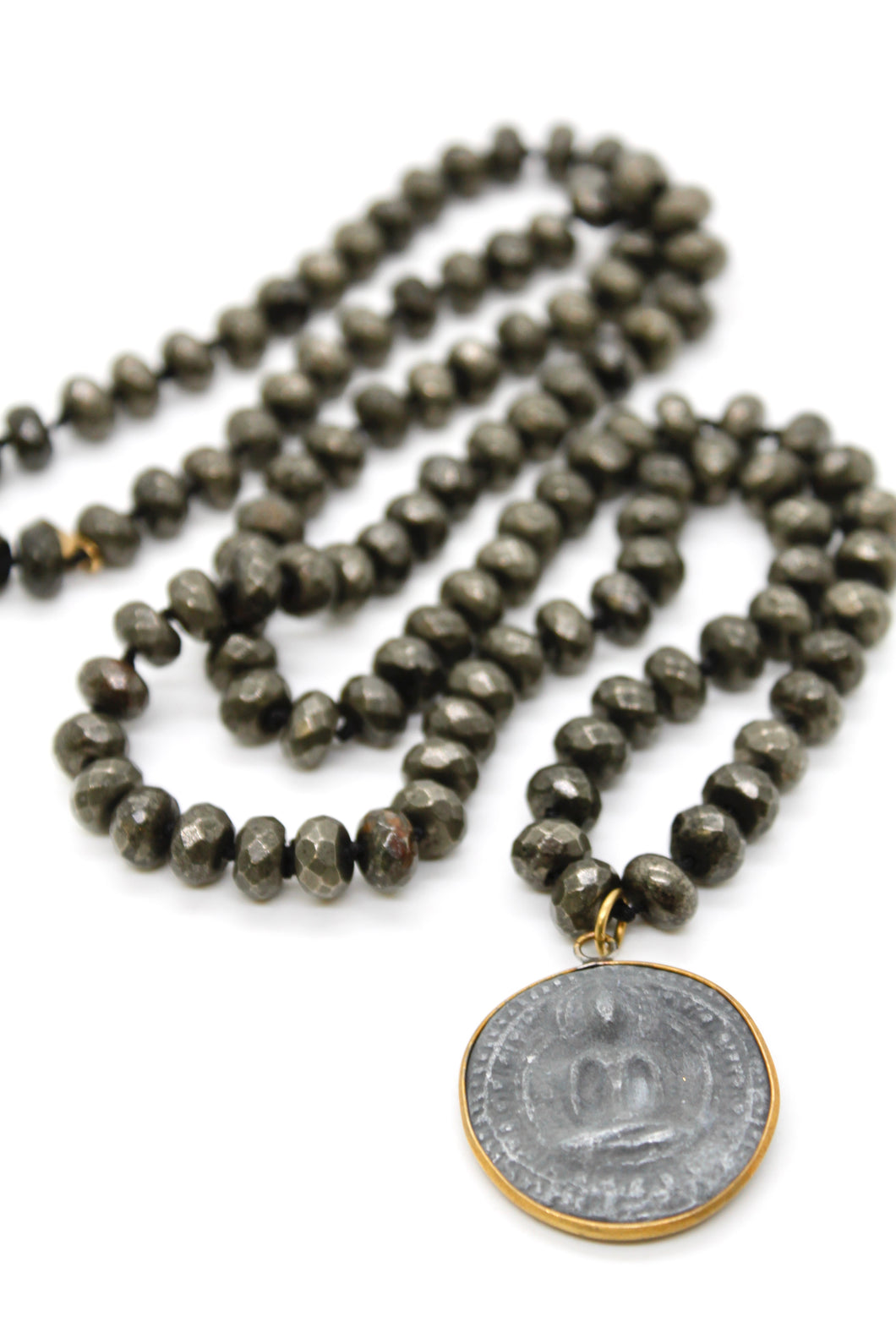 Patina Carved Sitting Buddha 18K Gold Charm Pendant on Stone Knotted Necklace