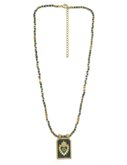 Flaming Heart Dark Green Charm Necklace - N2-2646
