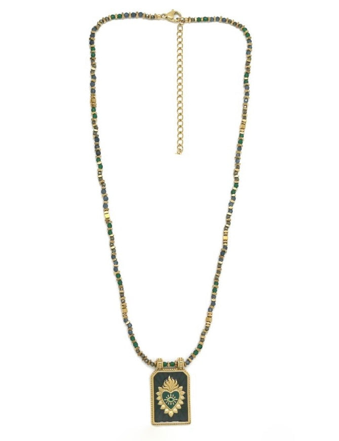 Flaming Heart Dark Green Charm Necklace - N2-2646
