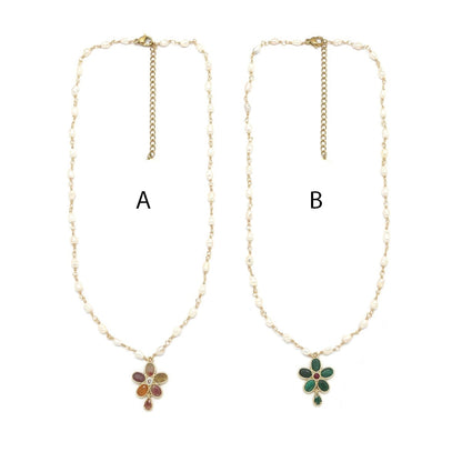 Tourmaline or Malachite Flower Freshwater Pearl Chain Necklace -  N2-2664