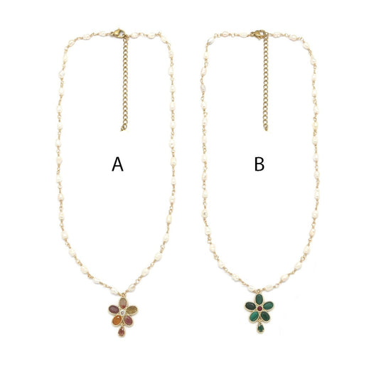 Tourmaline or Malachite Flower Freshwater Pearl Chain Necklace -  N2-2664
