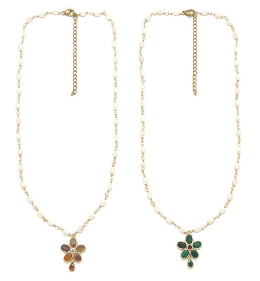 Tourmaline or Malachite Flower Freshwater Pearl Chain Necklace -  N2-2664