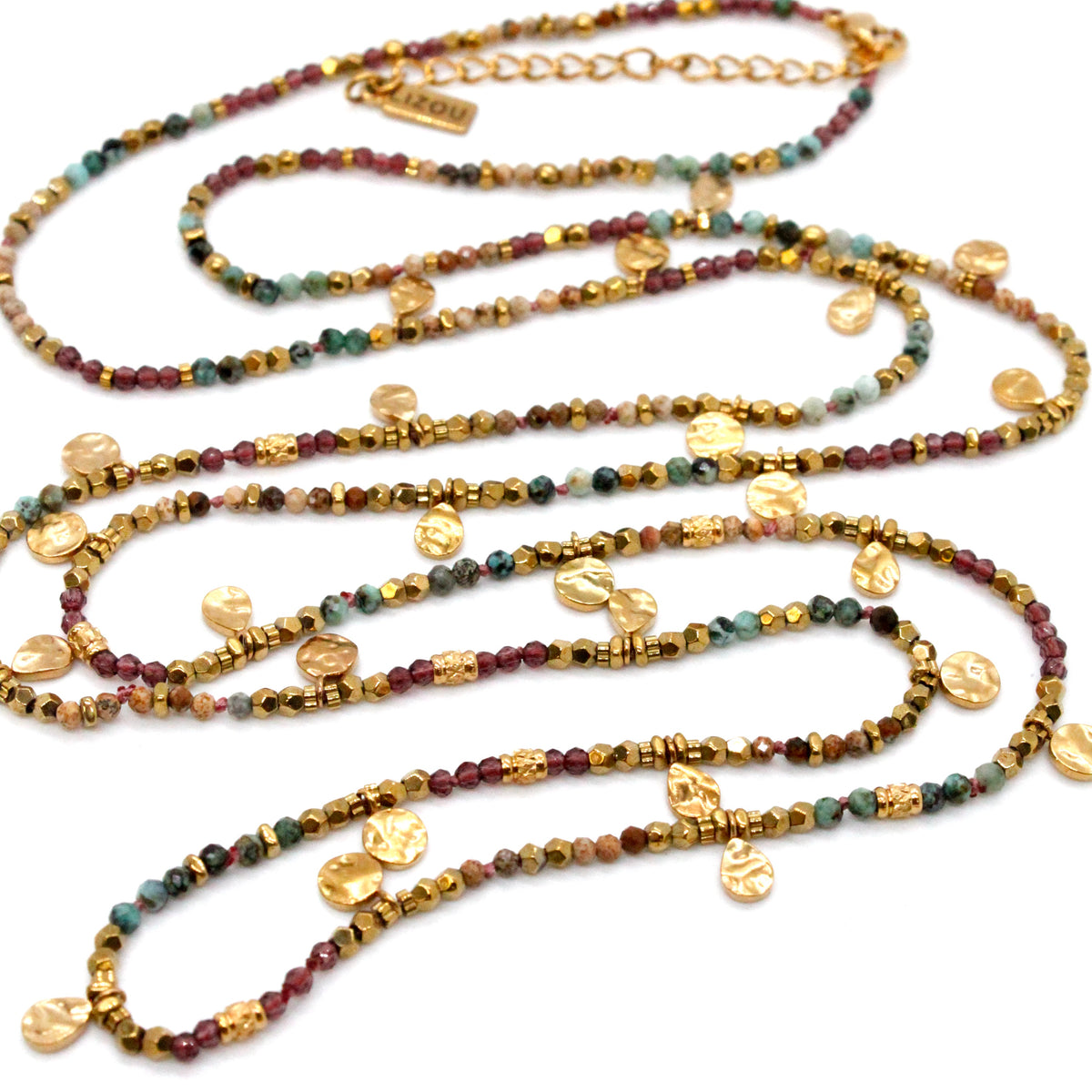 Multi Stone Mix and Mini Gold Coin Wrap Necklace - N2-2617D