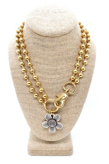 Antique Silver Flower Pendant Convertible Gold Chain Necklace