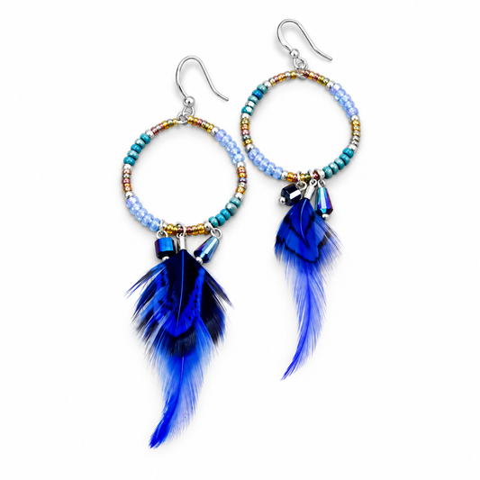 Beaded Hoop Earrings with Feather - E011-B