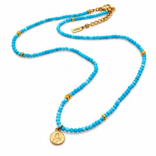 Faceted Mini Turquoise Short Delicate French Religious Medal Necklace  - FMN19