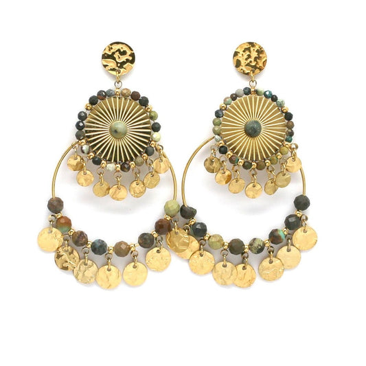 African Turquoise and Gold Hoop Dangle Earrings - E4-281