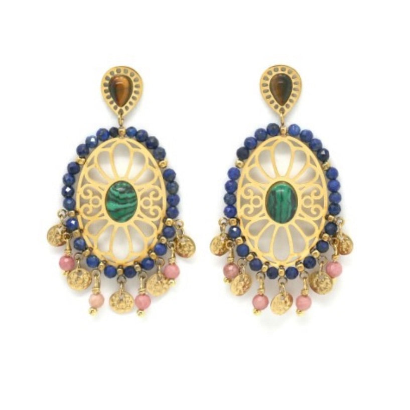 Oval Multi Stone Dangle Earrings - E4-341