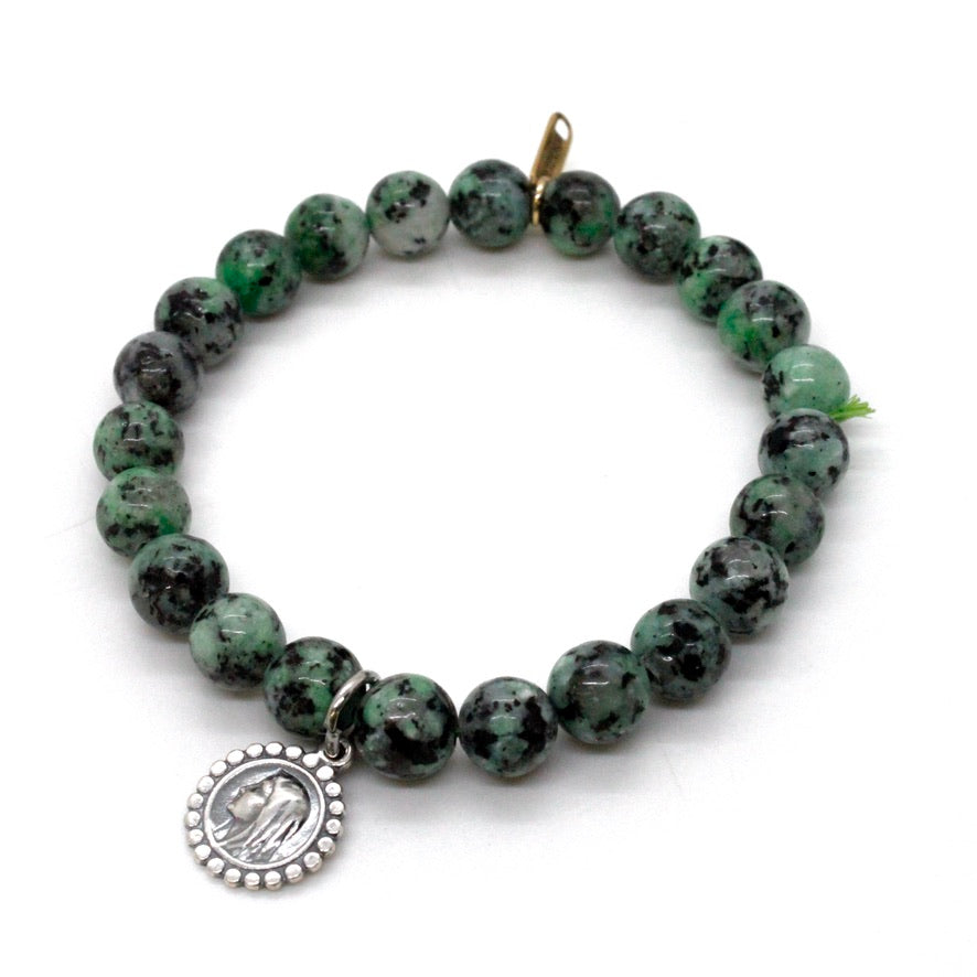 Stretch Semi Precious Stone Bracelet with Sterling Saint Charms -French Medals Collection-