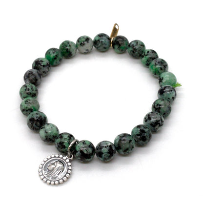 Stretch Semi Precious Stone Bracelet with Sterling Saint Charms -French Medals Collection-