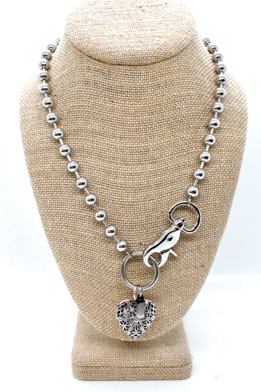 Dark Heart Locket Charm Necklace Single Silver Chain Claw Clasp