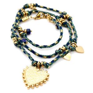 Navy Green Thread Heart Necklace