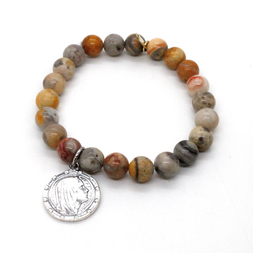 Stretch Semi Precious Stone Bracelet with Sterling Saint Charms -French Medals Collection-