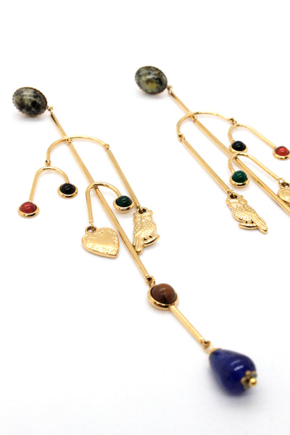 Museum Style Heart and Owl Stone Mobile Earrings - E4-305