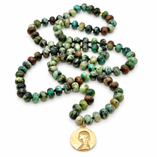 Load image into Gallery viewer, African Turquoise Rondelle Bead Hand-knotted French Religious Medal Long Necklace - FMN26
