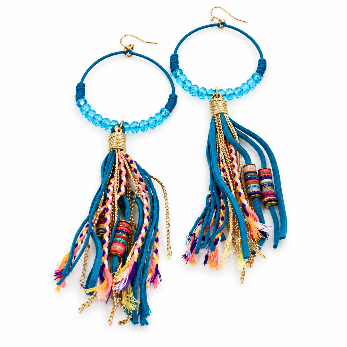 Crystal Beaded Hoop Earrings with Tassel - E001T-Turquoise