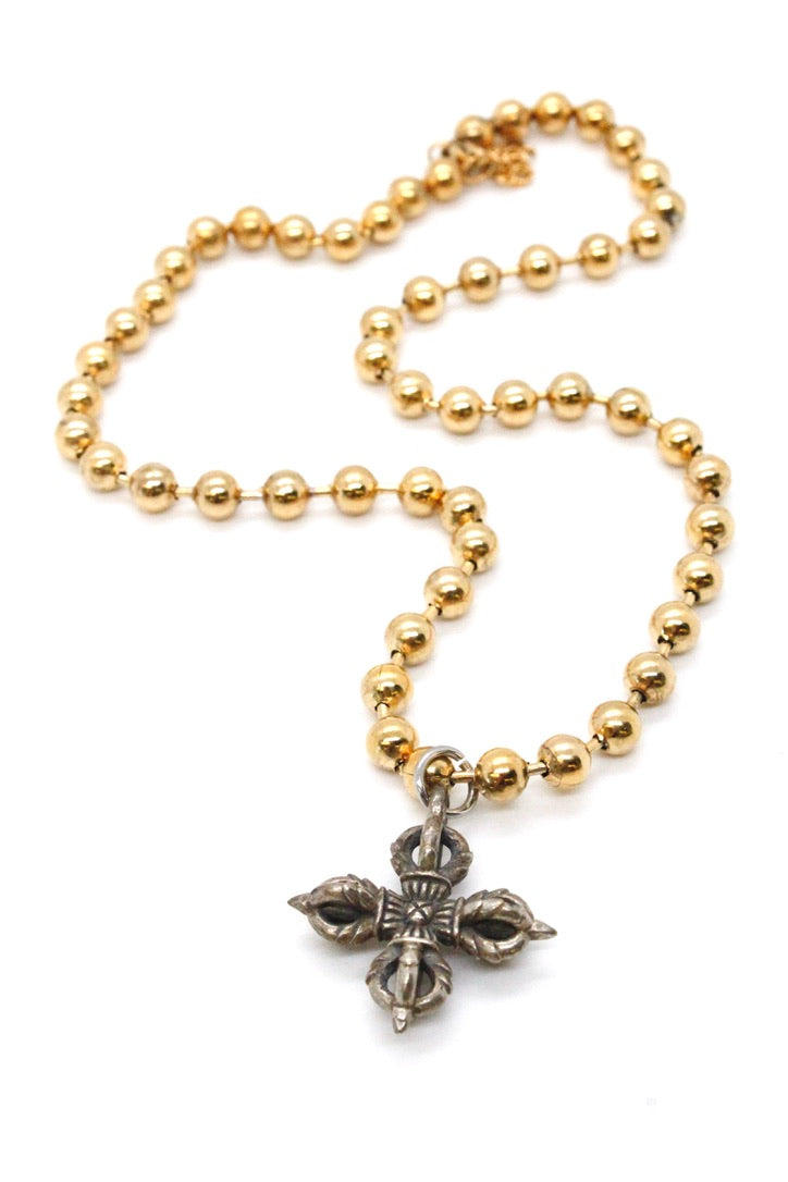 Single Gold Plate Ball Chain Necklace with Lucky Silver Cross N2-S1014g -The Classics Collection-